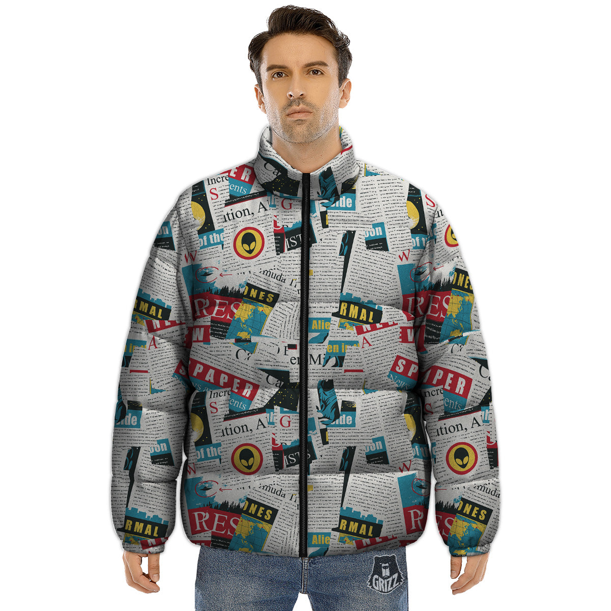 Newspaper Clippings On Aliens Topic Colorful Print Pattern Puffer Jacket-grizzshop