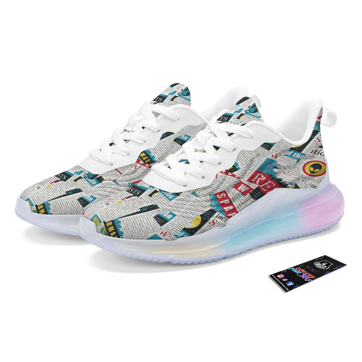 Newspaper Clippings On Aliens Topic Colorful Print Pattern Running Sneakers-grizzshop