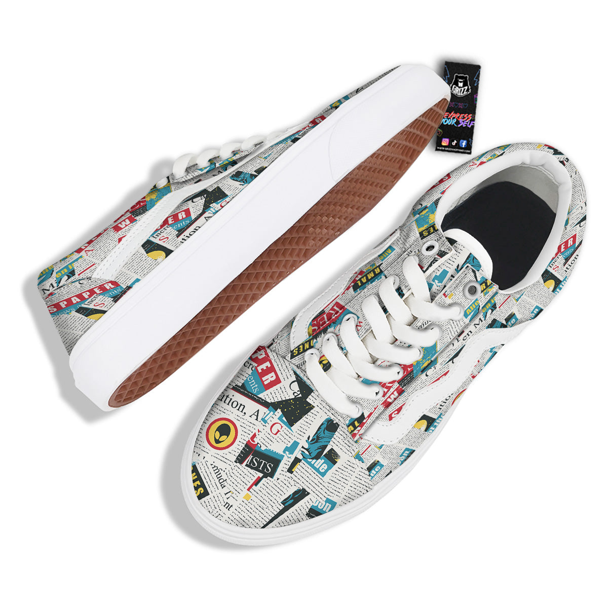 Newspaper Clippings On Aliens Topic Colorful Print Pattern Skate Shoes-grizzshop