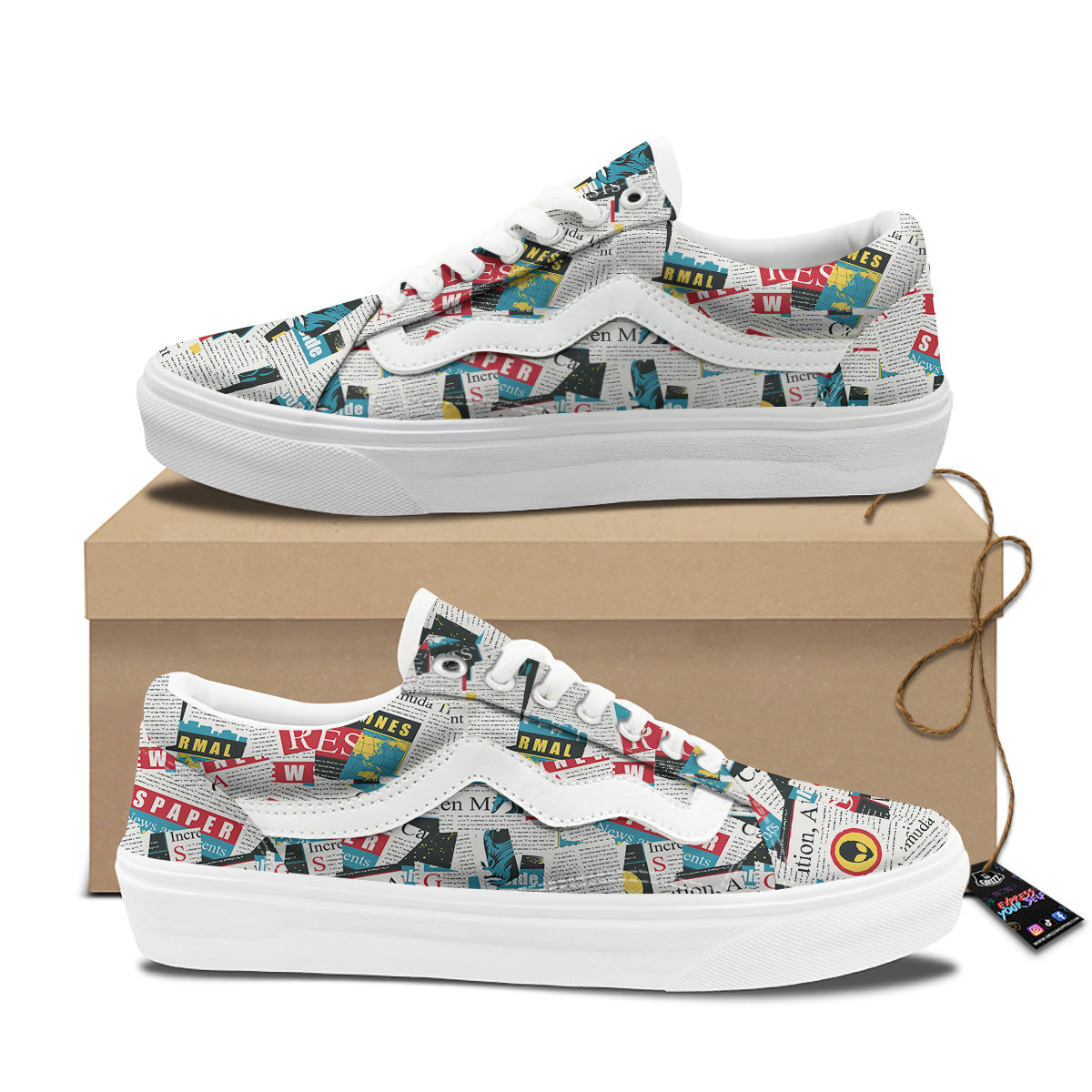 Newspaper Clippings On Aliens Topic Colorful Print Pattern Skate Shoes-grizzshop