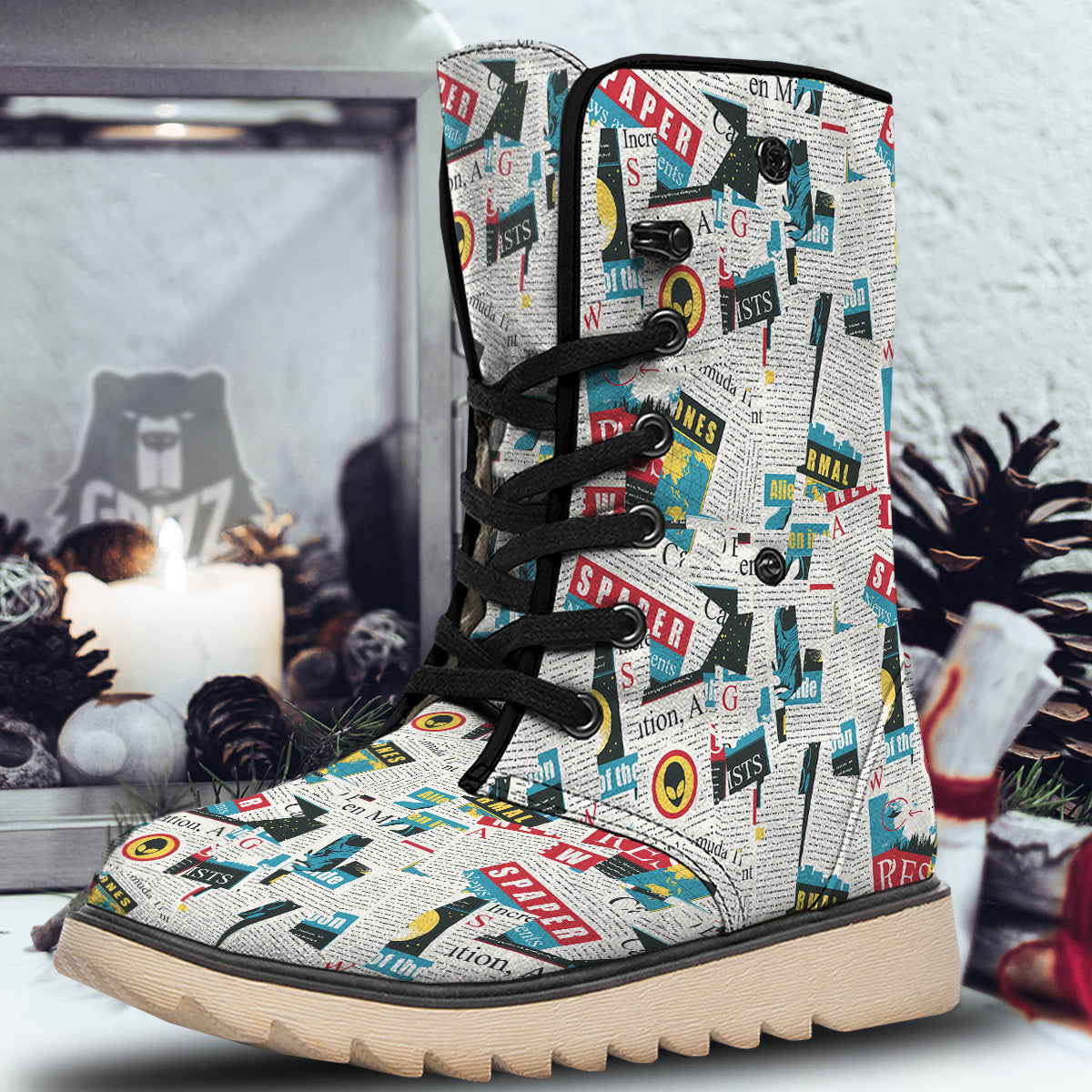Newspaper Clippings On Aliens Topic Colorful Print Pattern Snow Boots-grizzshop