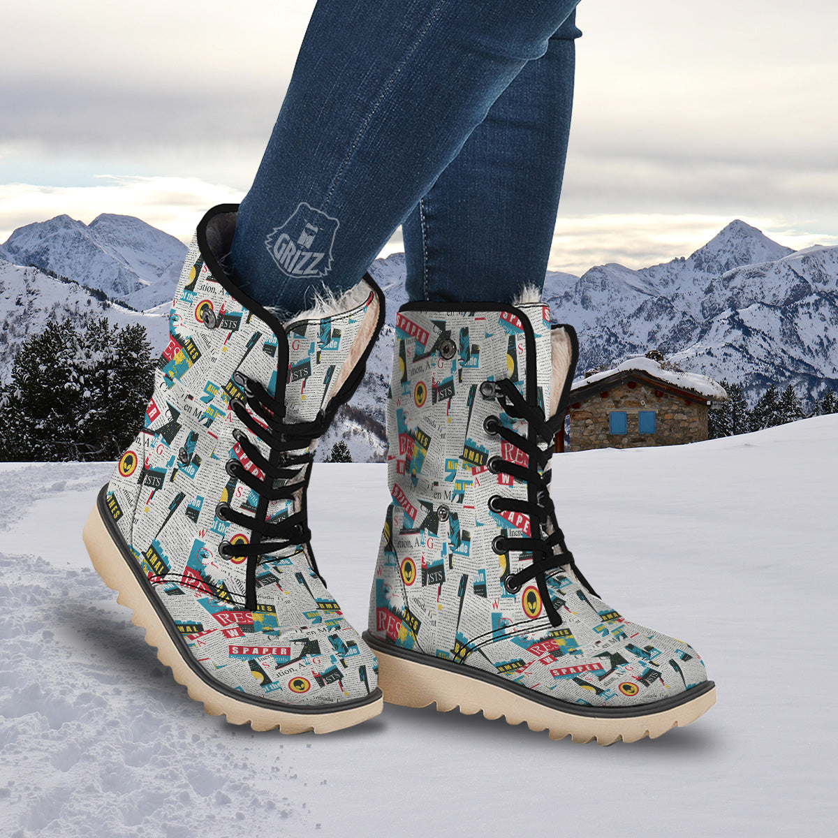 Newspaper Clippings On Aliens Topic Colorful Print Pattern Snow Boots-grizzshop