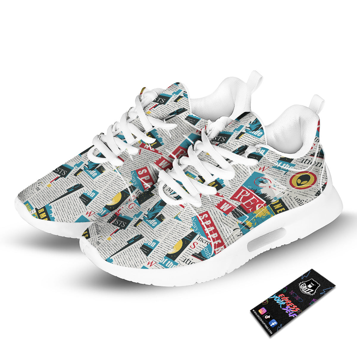 Newspaper Clippings On Aliens Topic Colorful Print Pattern Tennis Shoes-grizzshop