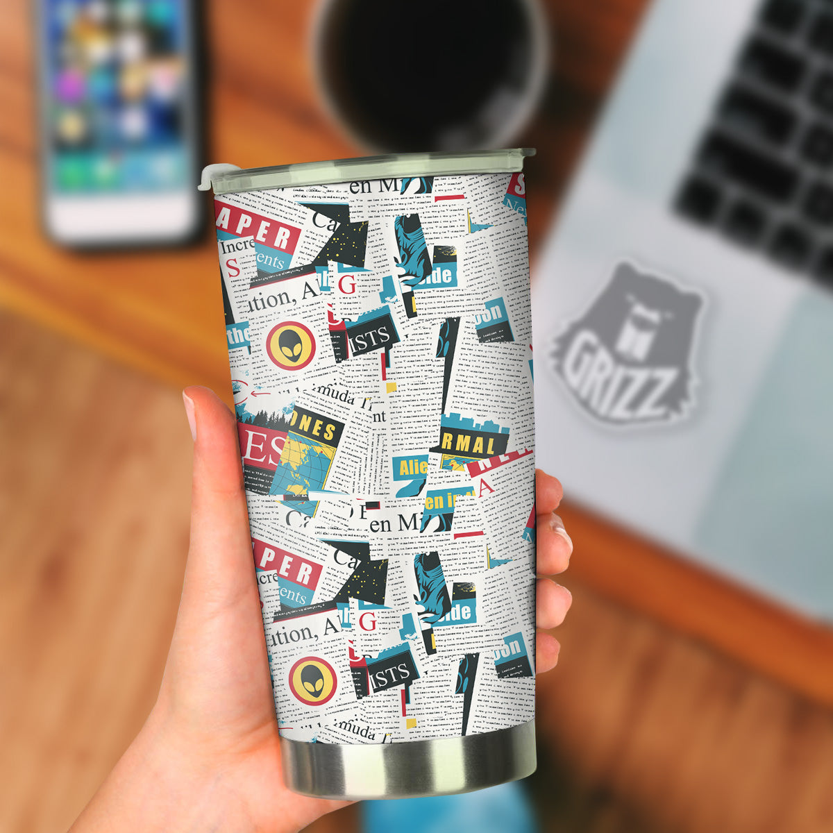 Newspaper Clippings On Aliens Topic Colorful Print Pattern Tumbler-grizzshop