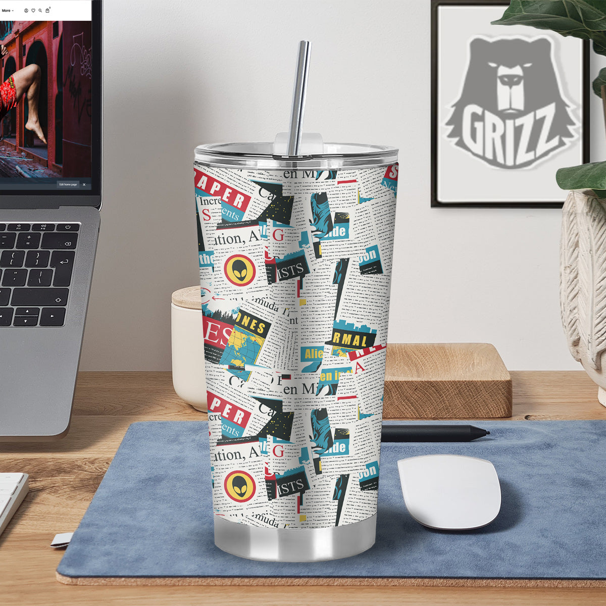 Newspaper Clippings On Aliens Topic Colorful Print Pattern Tumbler-grizzshop