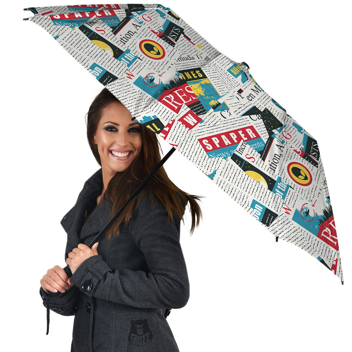 Newspaper Clippings On Aliens Topic Colorful Print Pattern Umbrella-grizzshop
