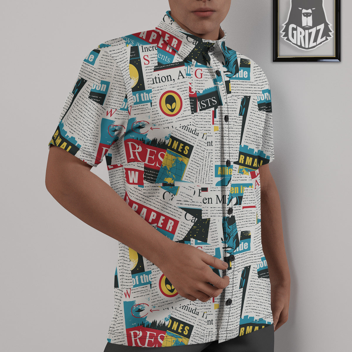 Newspaper Clippings On Aliens Topic Colorful Print Pattern Untucked Shirts-grizzshop