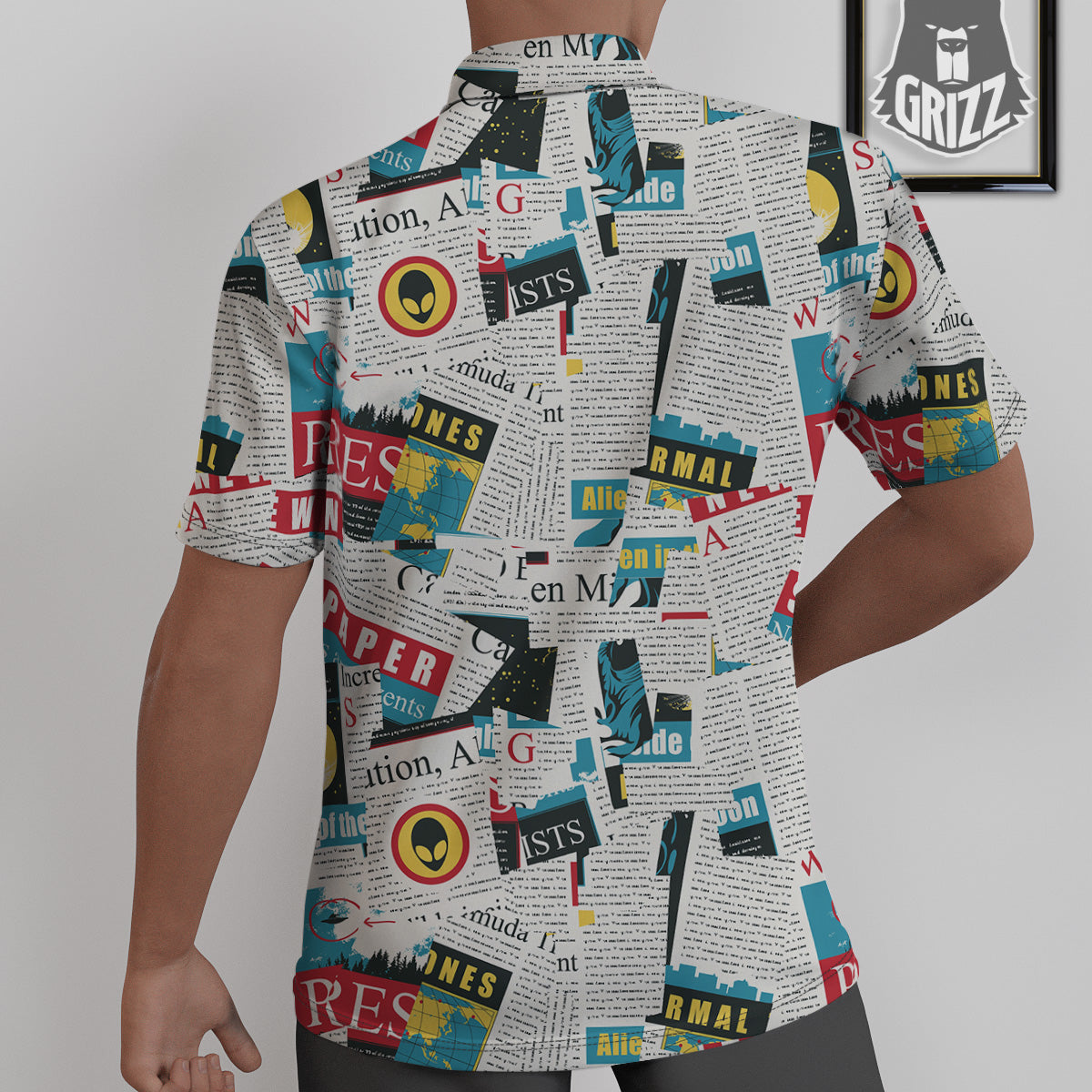 Newspaper Clippings On Aliens Topic Colorful Print Pattern Untucked Shirts-grizzshop