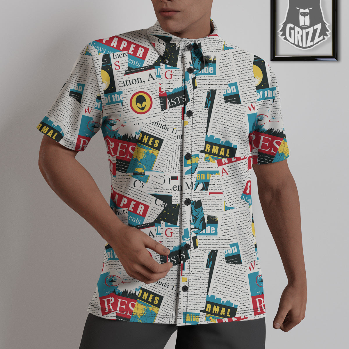 Newspaper Clippings On Aliens Topic Colorful Print Pattern Untucked Shirts-grizzshop