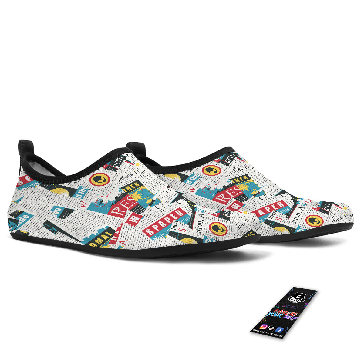 Newspaper Clippings On Aliens Topic Colorful Print Pattern Water Shoes-grizzshop