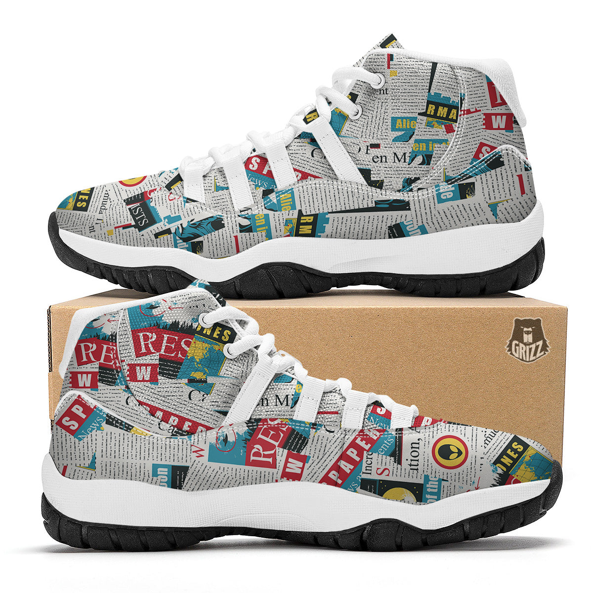 Newspaper Clippings On Aliens Topic Colorful Print Pattern White Bball Shoes-grizzshop