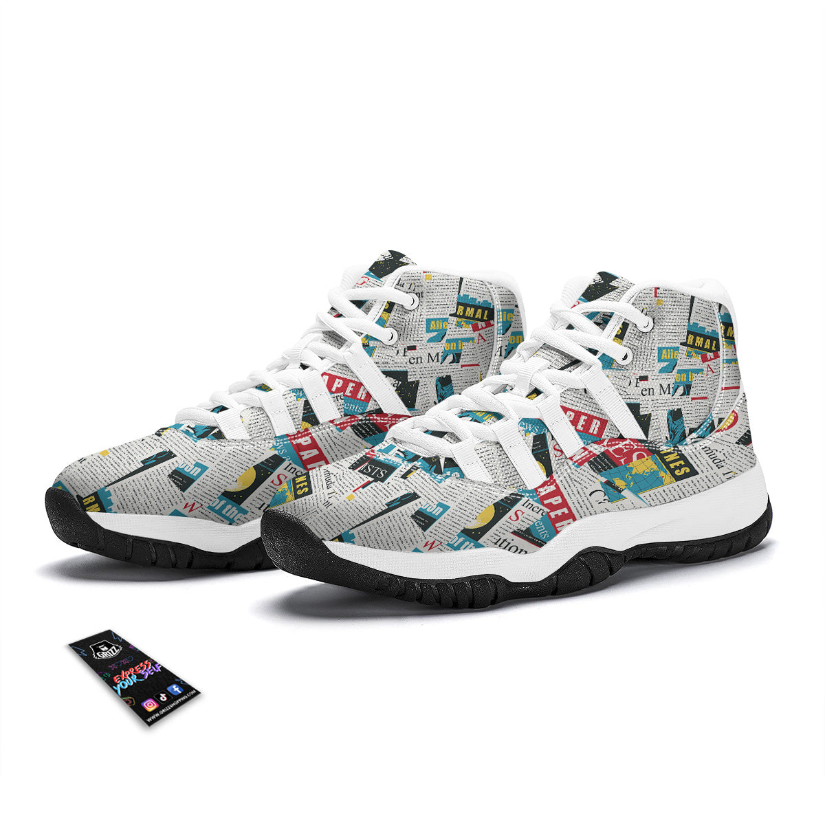 Newspaper Clippings On Aliens Topic Colorful Print Pattern White Bball Shoes-grizzshop
