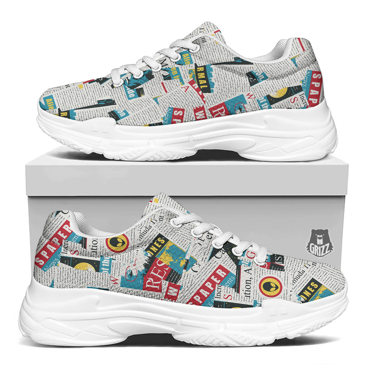 Newspaper Clippings On Aliens Topic Colorful Print Pattern White Chunky Shoes-grizzshop