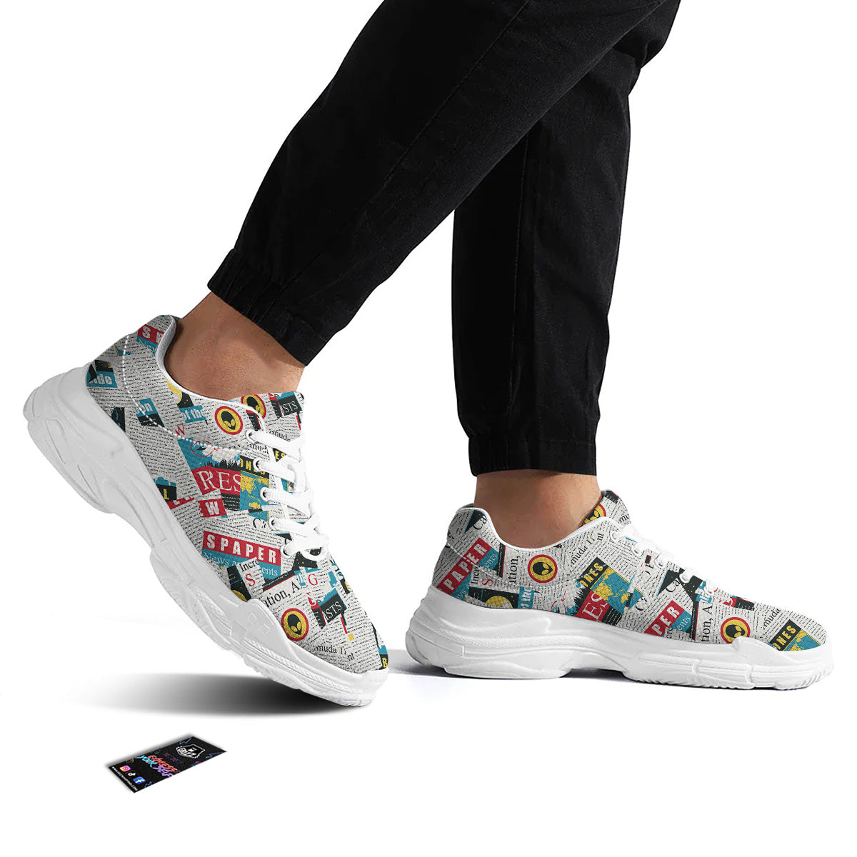 Newspaper Clippings On Aliens Topic Colorful Print Pattern White Chunky Shoes-grizzshop