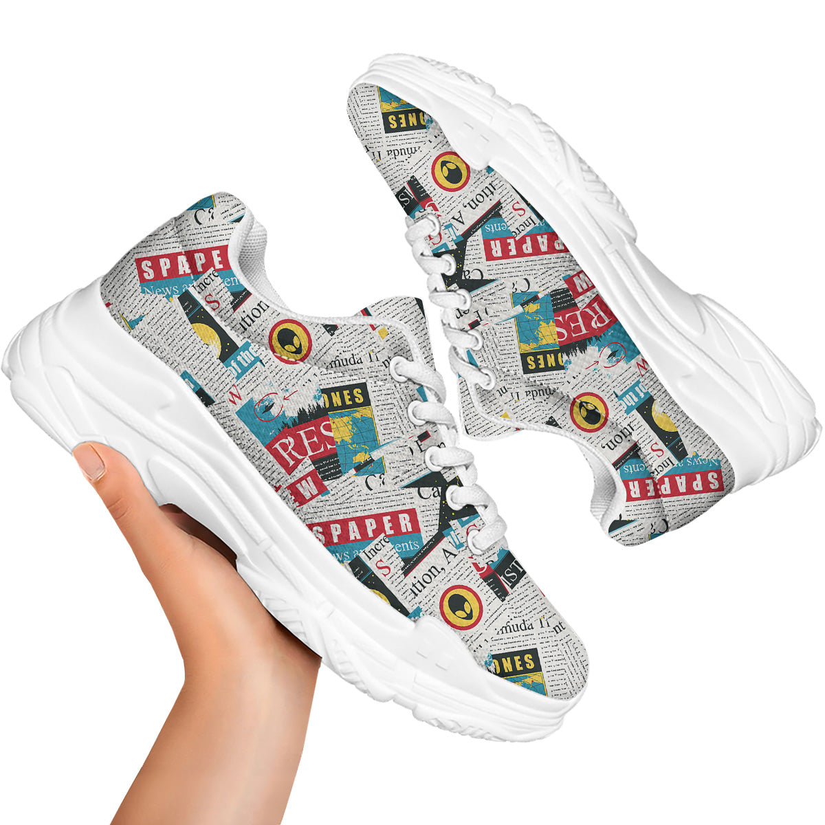 Newspaper Clippings On Aliens Topic Colorful Print Pattern White Chunky Shoes-grizzshop
