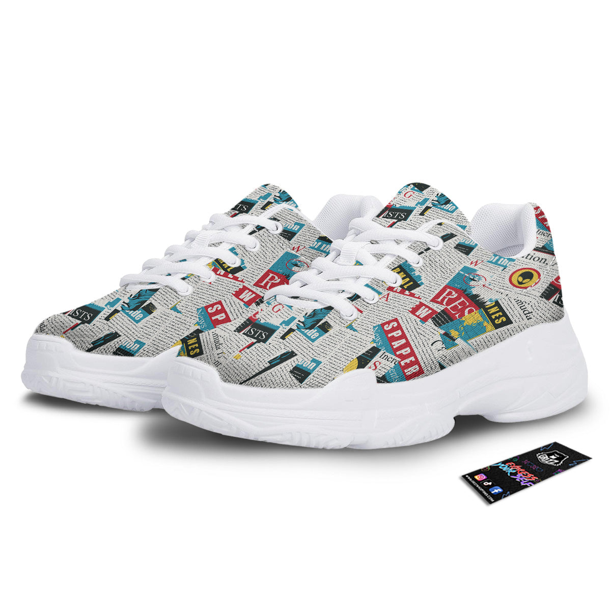 Newspaper Clippings On Aliens Topic Colorful Print Pattern White Chunky Shoes-grizzshop