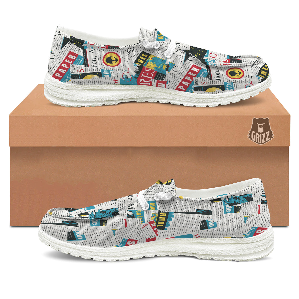 Newspaper Clippings On Aliens Topic Colorful Print Pattern White Loafers-grizzshop