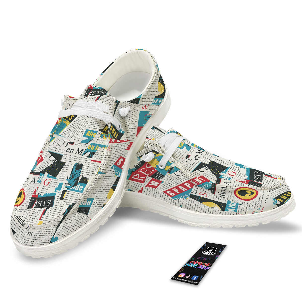 Newspaper Clippings On Aliens Topic Colorful Print Pattern White Loafers-grizzshop