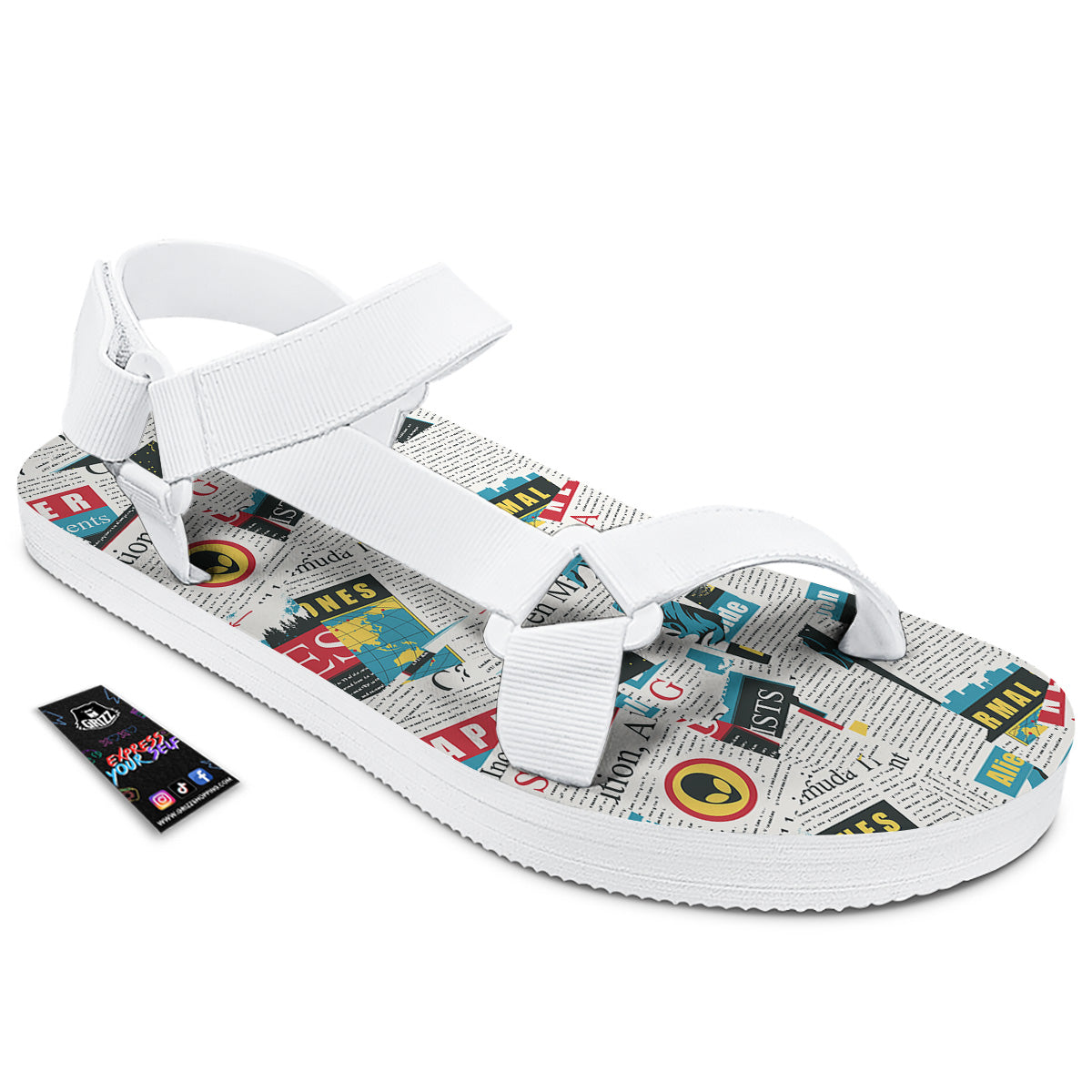 Newspaper Clippings On Aliens Topic Colorful Print Pattern White Open Toe Sandals-grizzshop