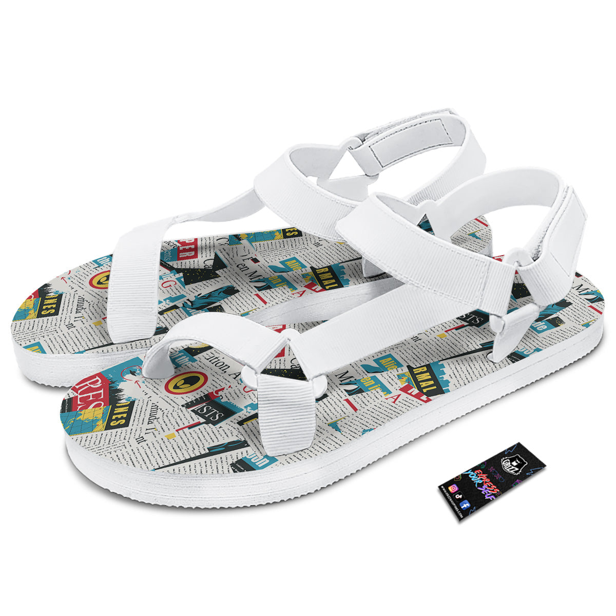 Newspaper Clippings On Aliens Topic Colorful Print Pattern White Open Toe Sandals-grizzshop