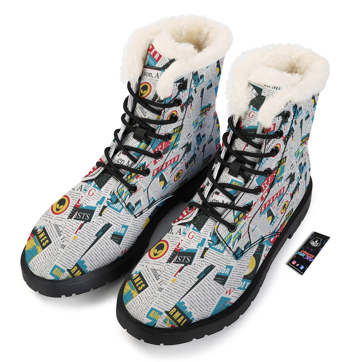 Newspaper Clippings On Aliens Topic Colorful Print Pattern Winter Boots-grizzshop