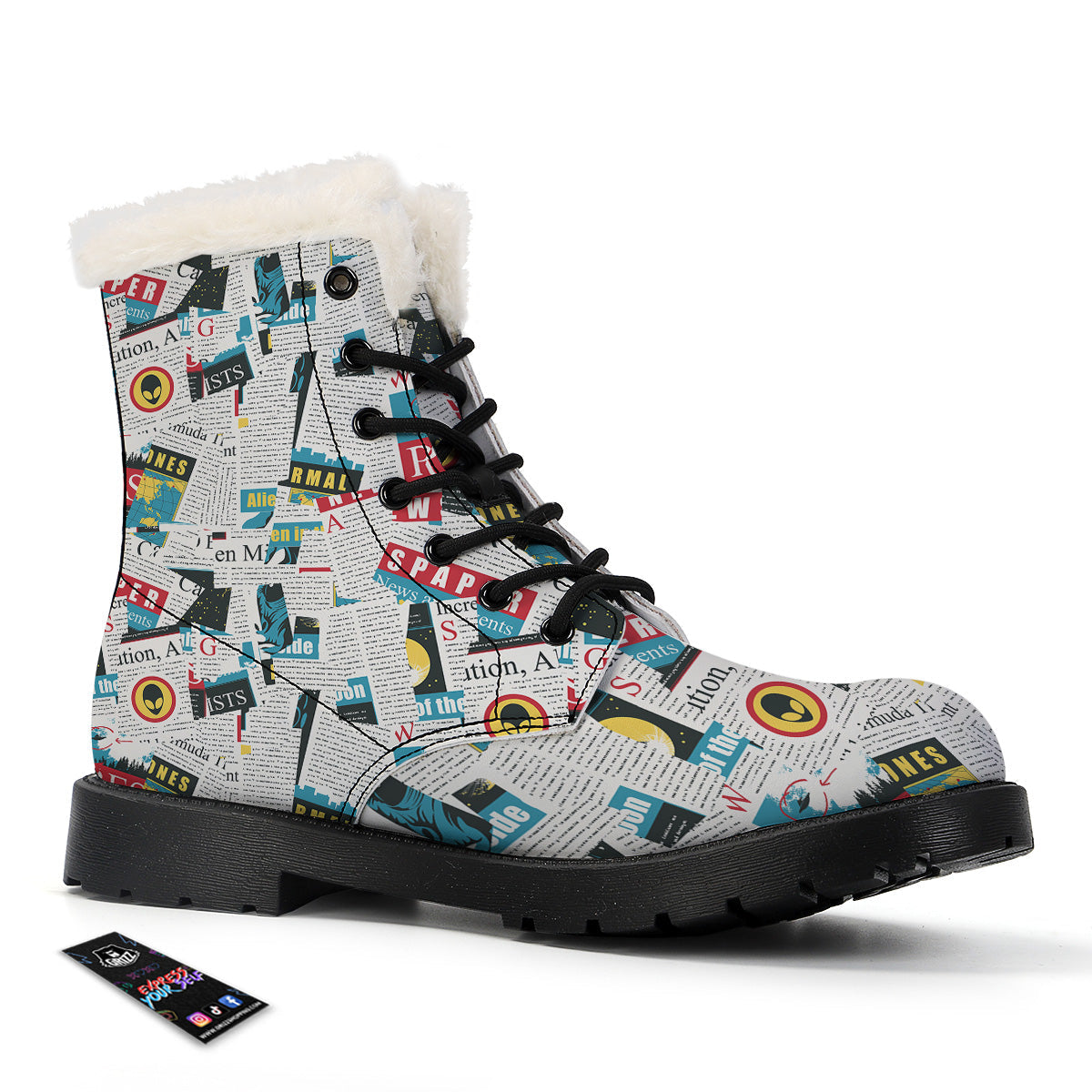 Newspaper Clippings On Aliens Topic Colorful Print Pattern Winter Boots-grizzshop