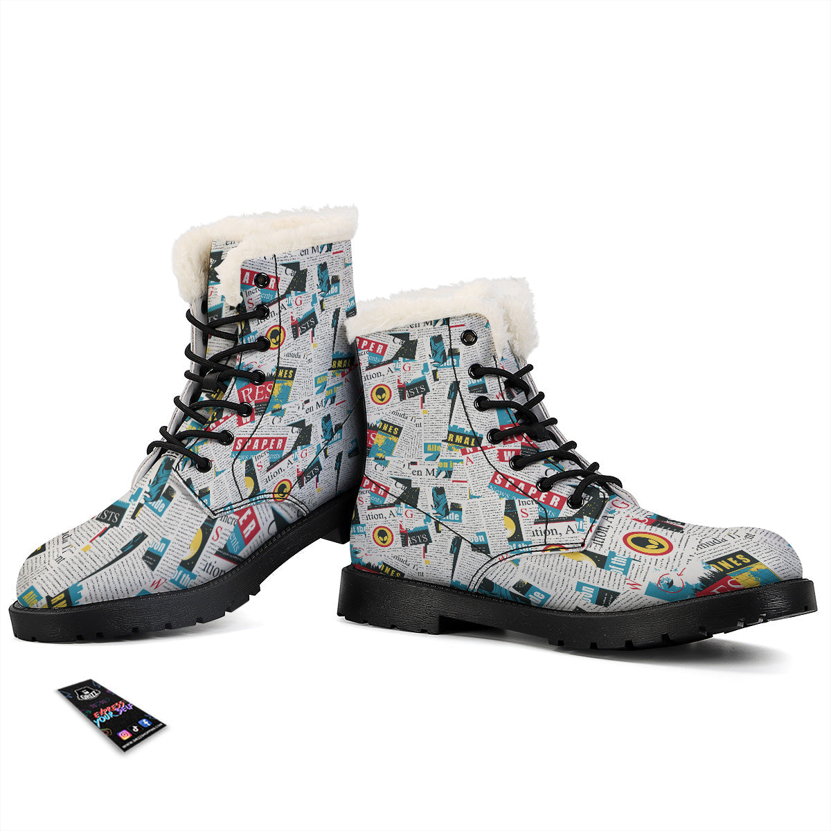 Newspaper Clippings On Aliens Topic Colorful Print Pattern Winter Boots-grizzshop