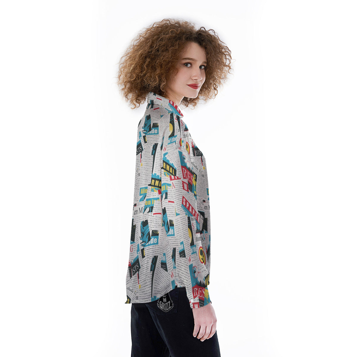 Newspaper Clippings On Aliens Topic Colorful Print Pattern Women's Long Sleeve Shirts-grizzshop