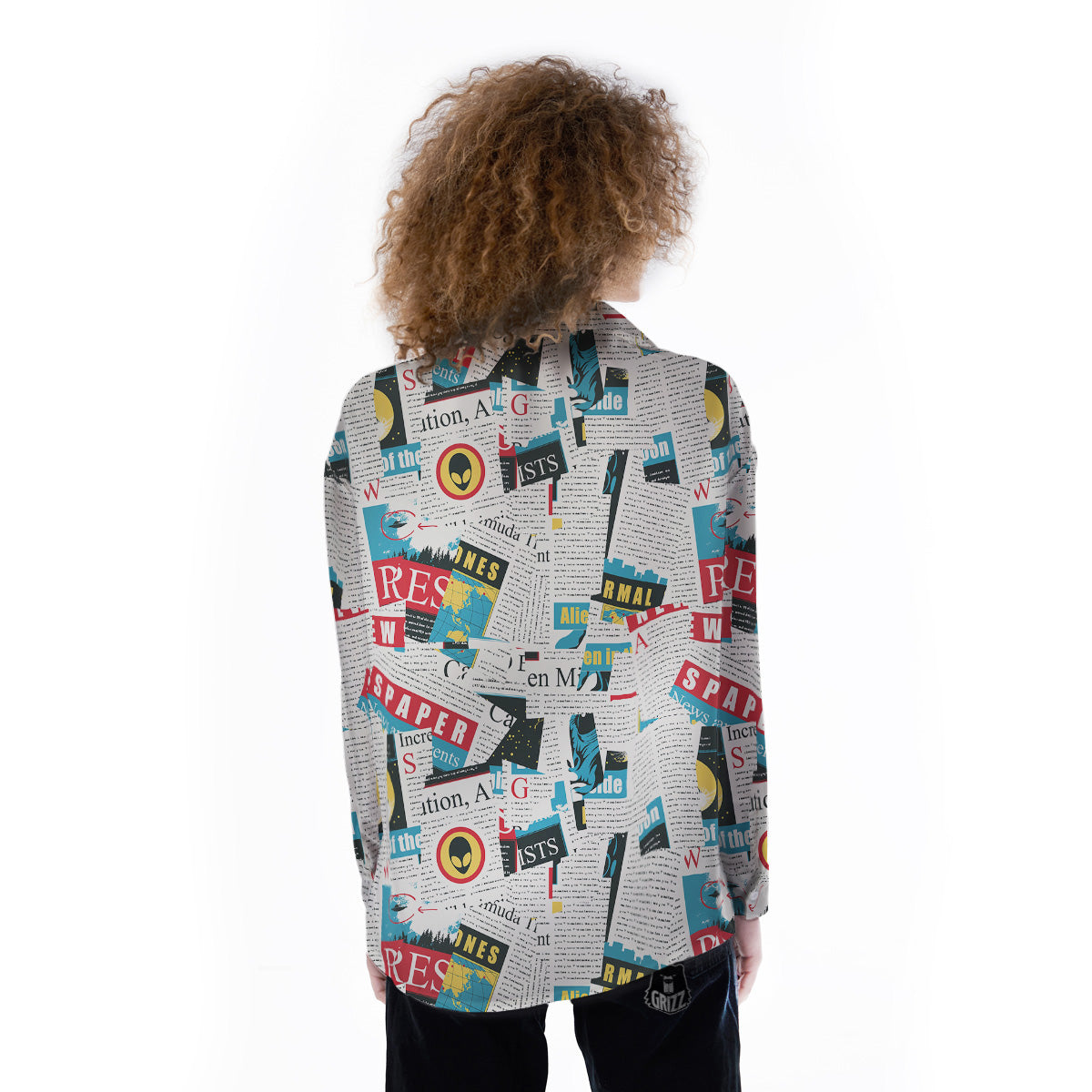 Newspaper Clippings On Aliens Topic Colorful Print Pattern Women's Long Sleeve Shirts-grizzshop