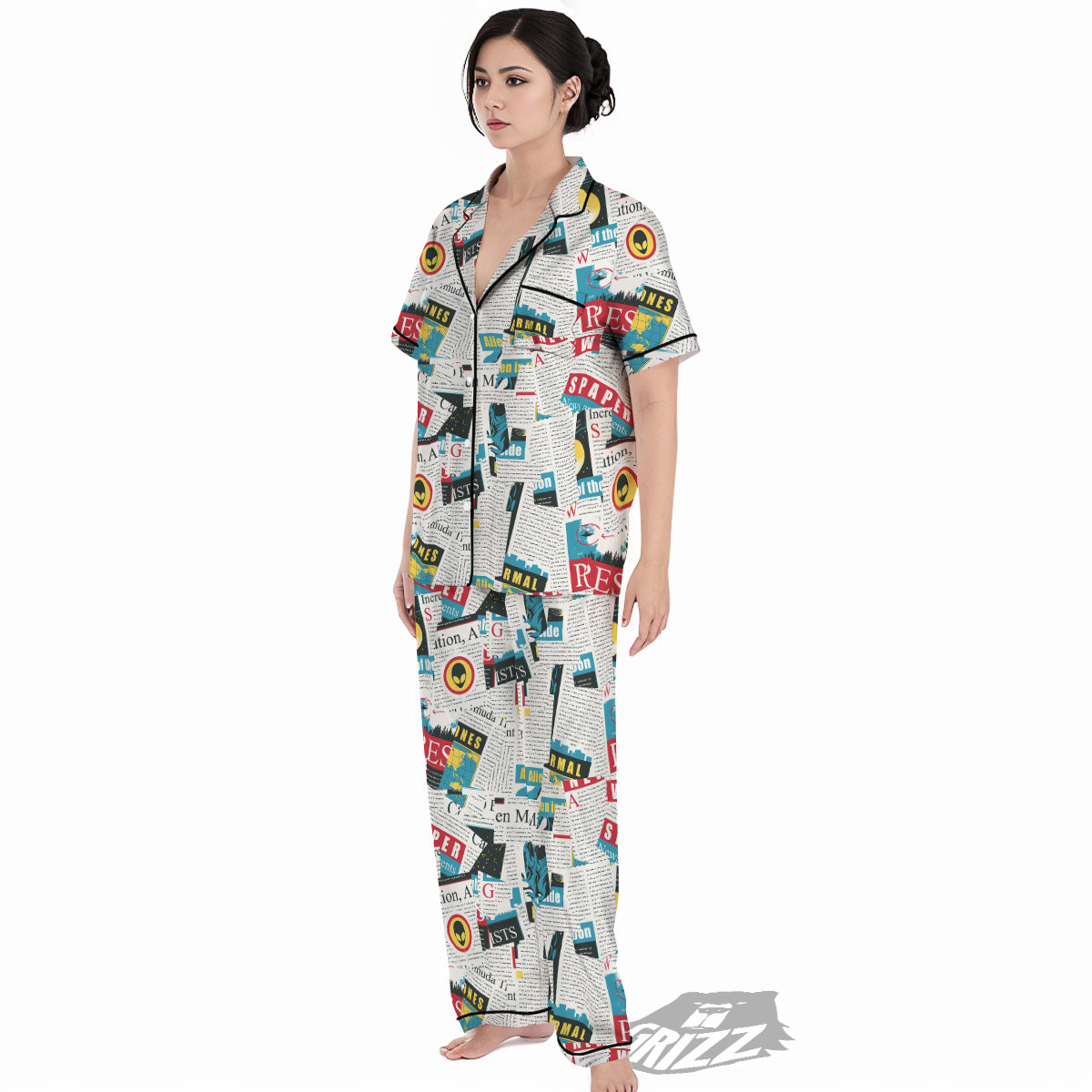 Newspaper Clippings On Aliens Topic Colorful Print Pattern Women's Pajamas Set-grizzshop