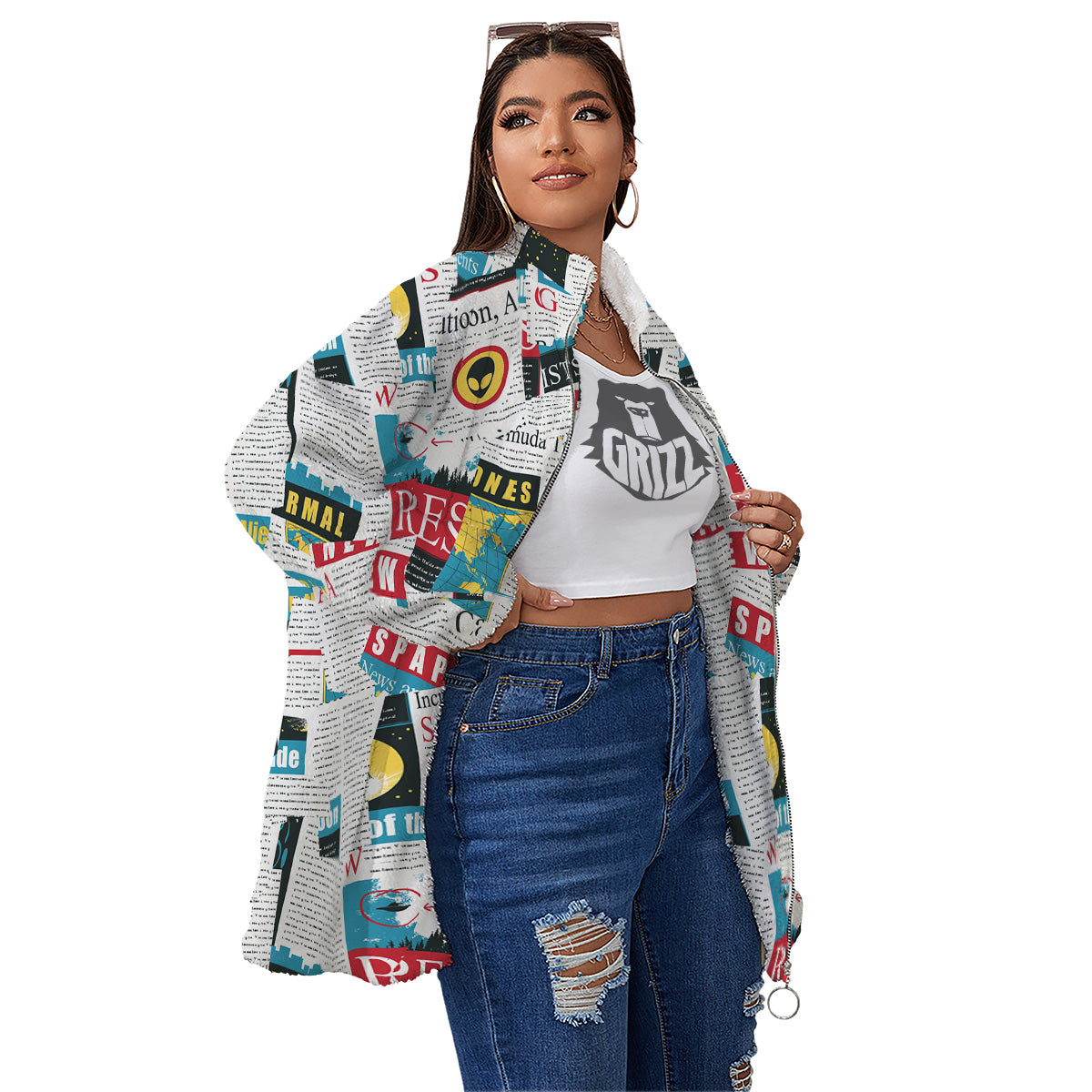 Newspaper Clippings On Aliens Topic Colorful Print Pattern Women's Sherpa Jacket-grizzshop