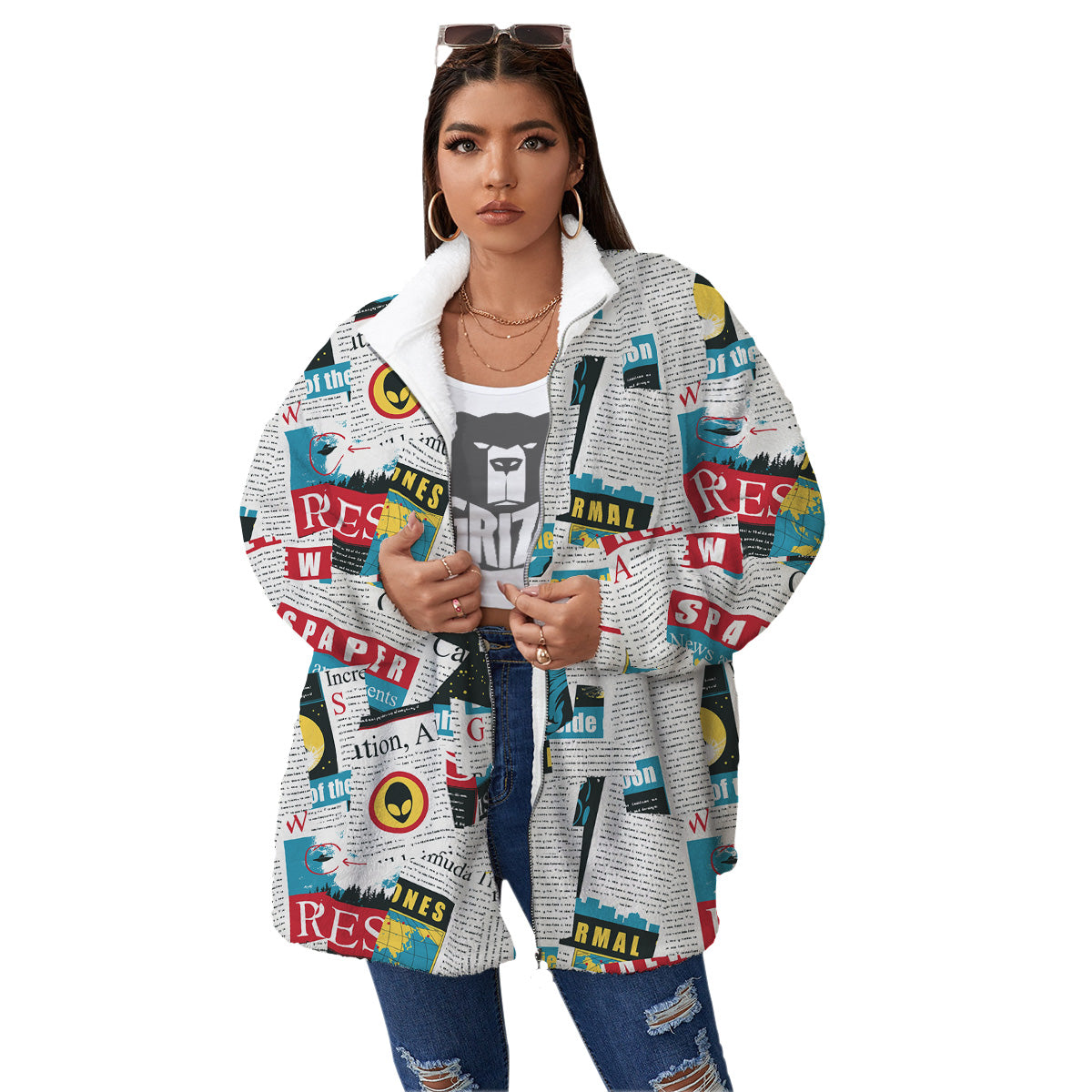 Newspaper Clippings On Aliens Topic Colorful Print Pattern Women's Sherpa Jacket-grizzshop