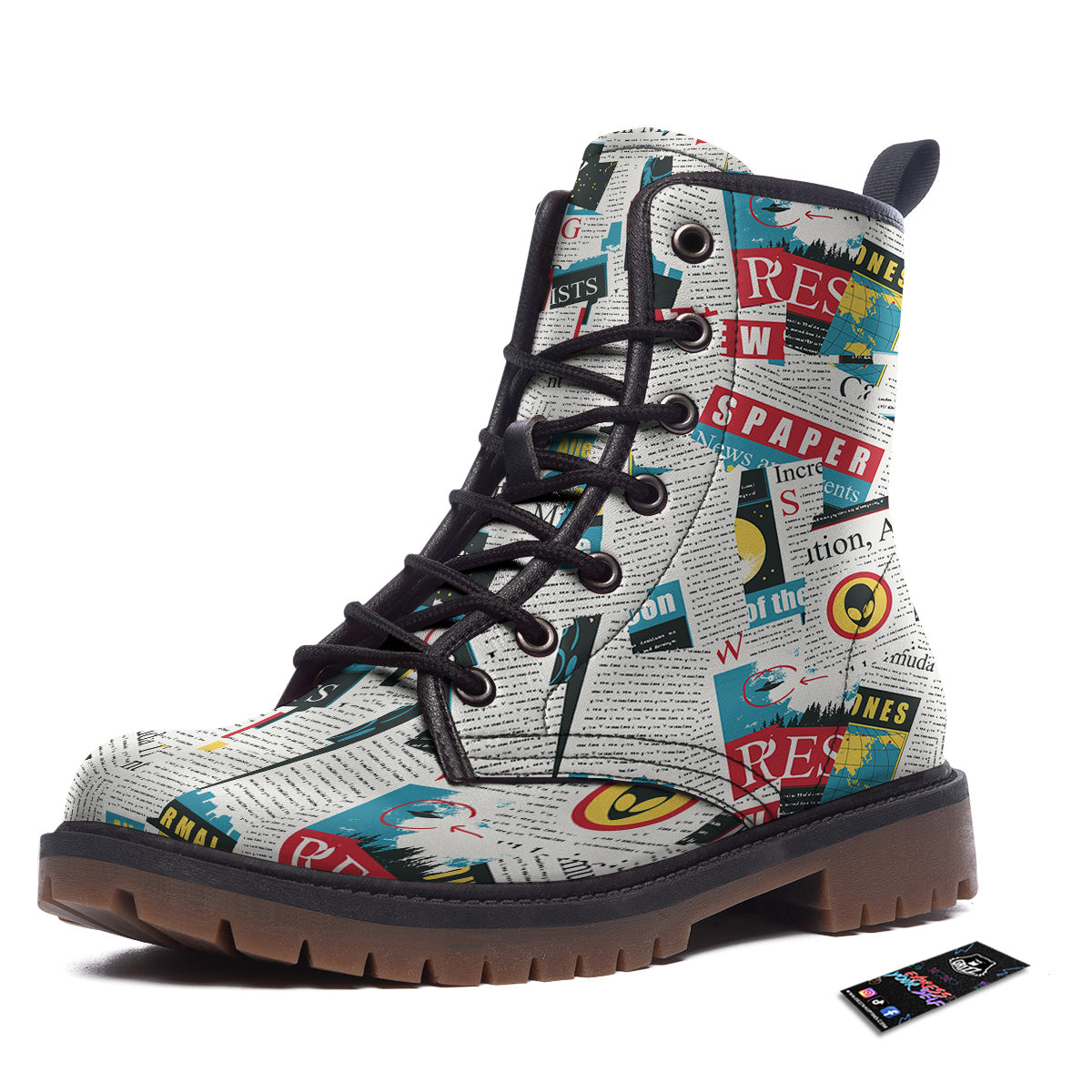 Newspaper Clippings On Aliens Topic Colorful Print Pattern Work Boots-grizzshop