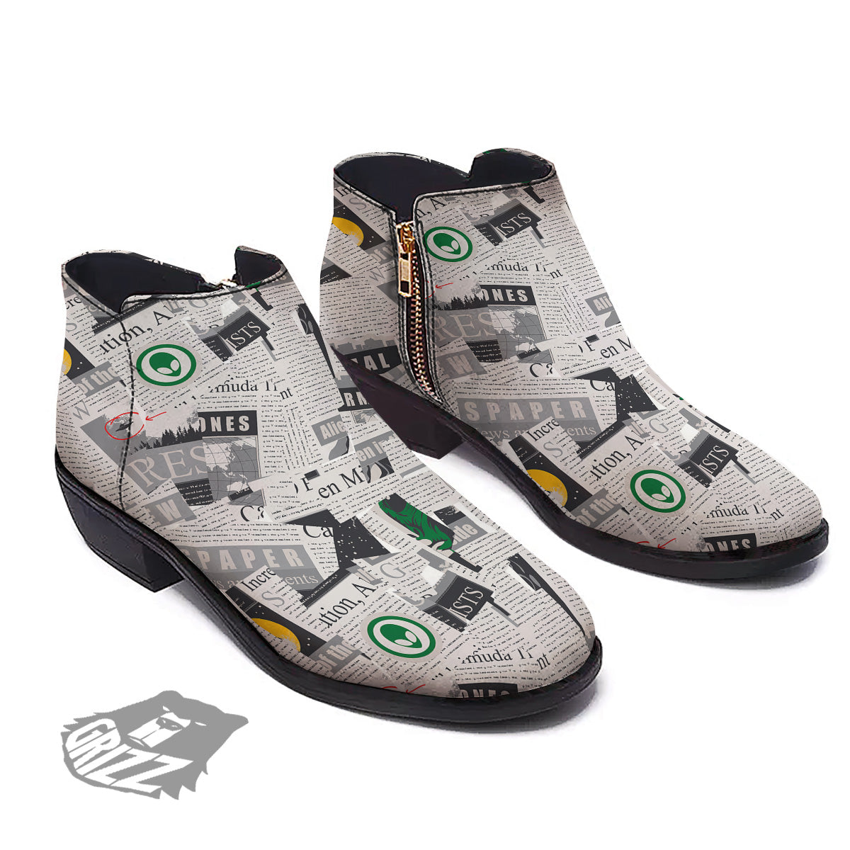 Newspaper Clippings On Aliens Topic Print Pattern Ankle Boots-grizzshop