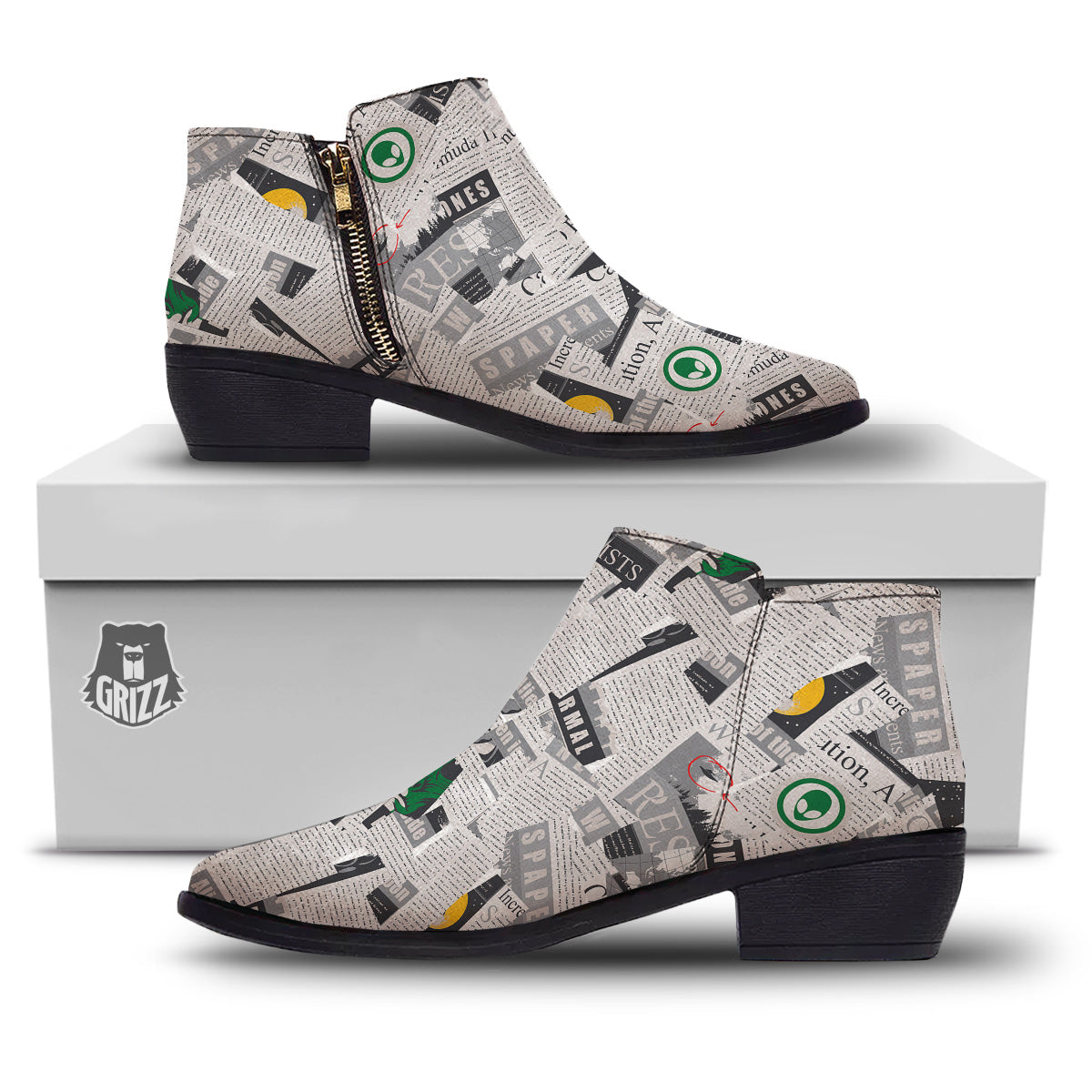 Newspaper Clippings On Aliens Topic Print Pattern Ankle Boots-grizzshop