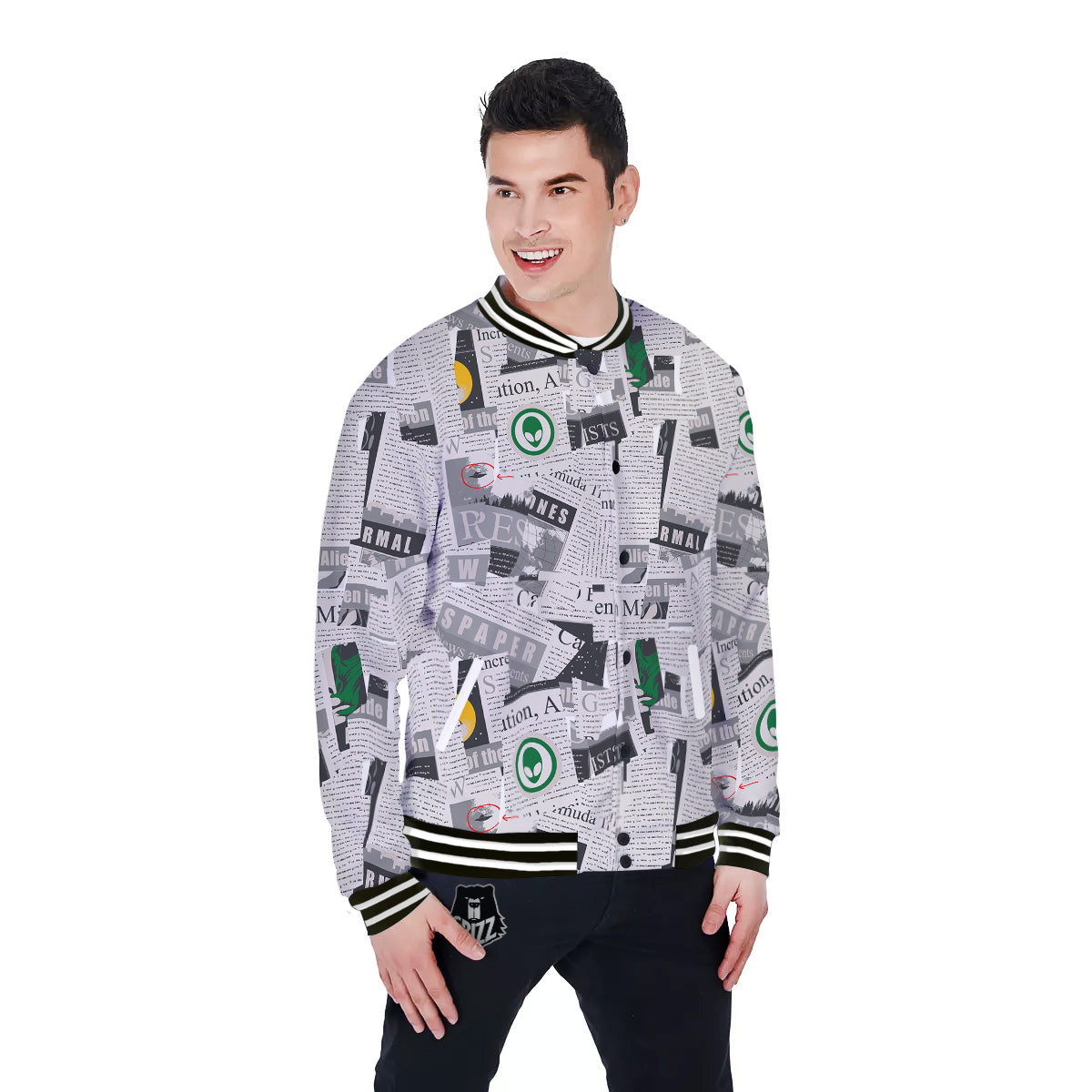 Newspaper Clippings On Aliens Topic Print Pattern Baseball Jacket-grizzshop