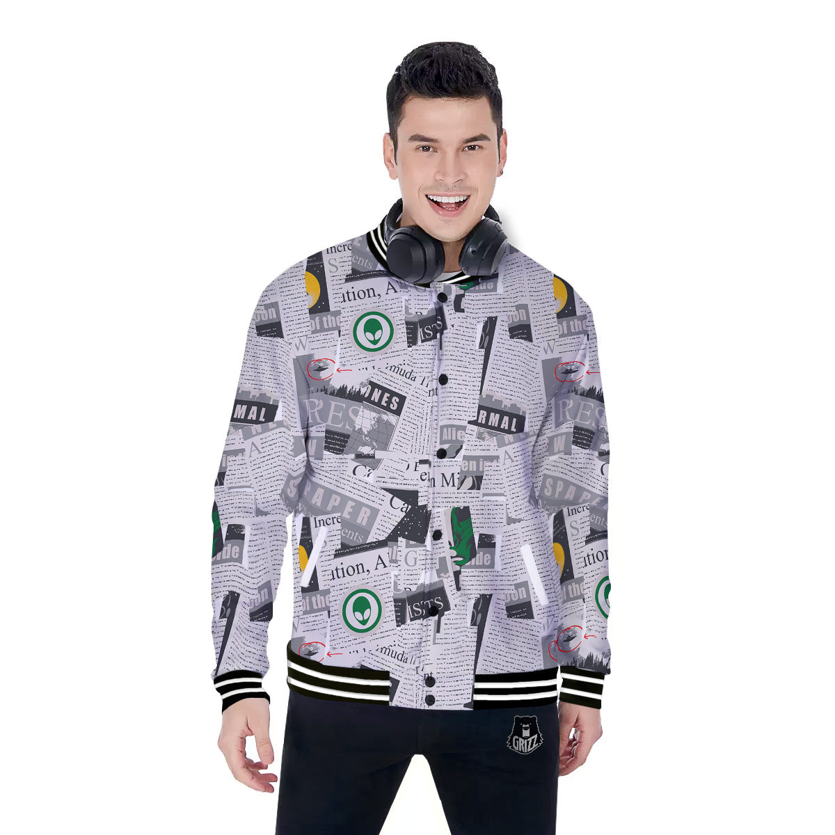 Newspaper Clippings On Aliens Topic Print Pattern Baseball Jacket-grizzshop