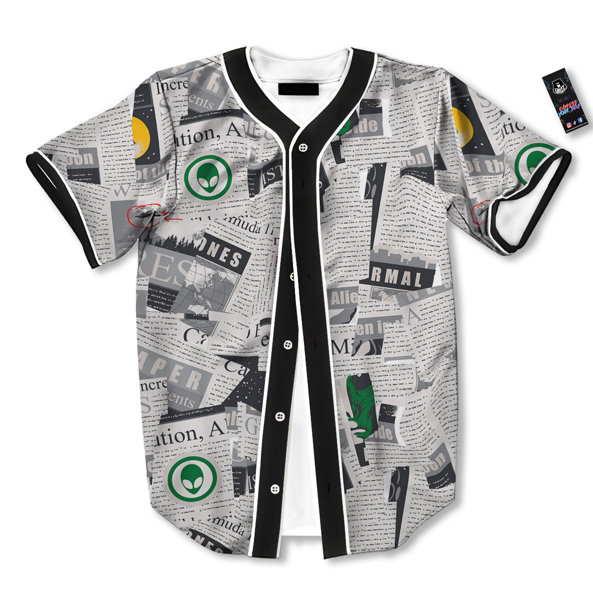 Newspaper Clippings On Aliens Topic Print Pattern Baseball Jersey-grizzshop