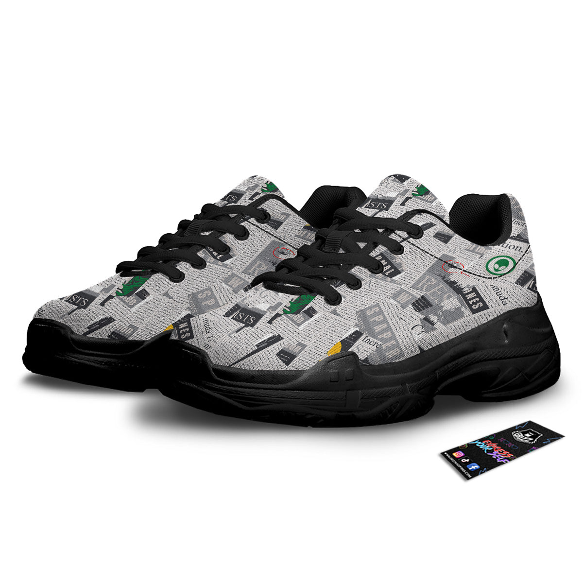 Newspaper Clippings On Aliens Topic Print Pattern Black Chunky Shoes-grizzshop