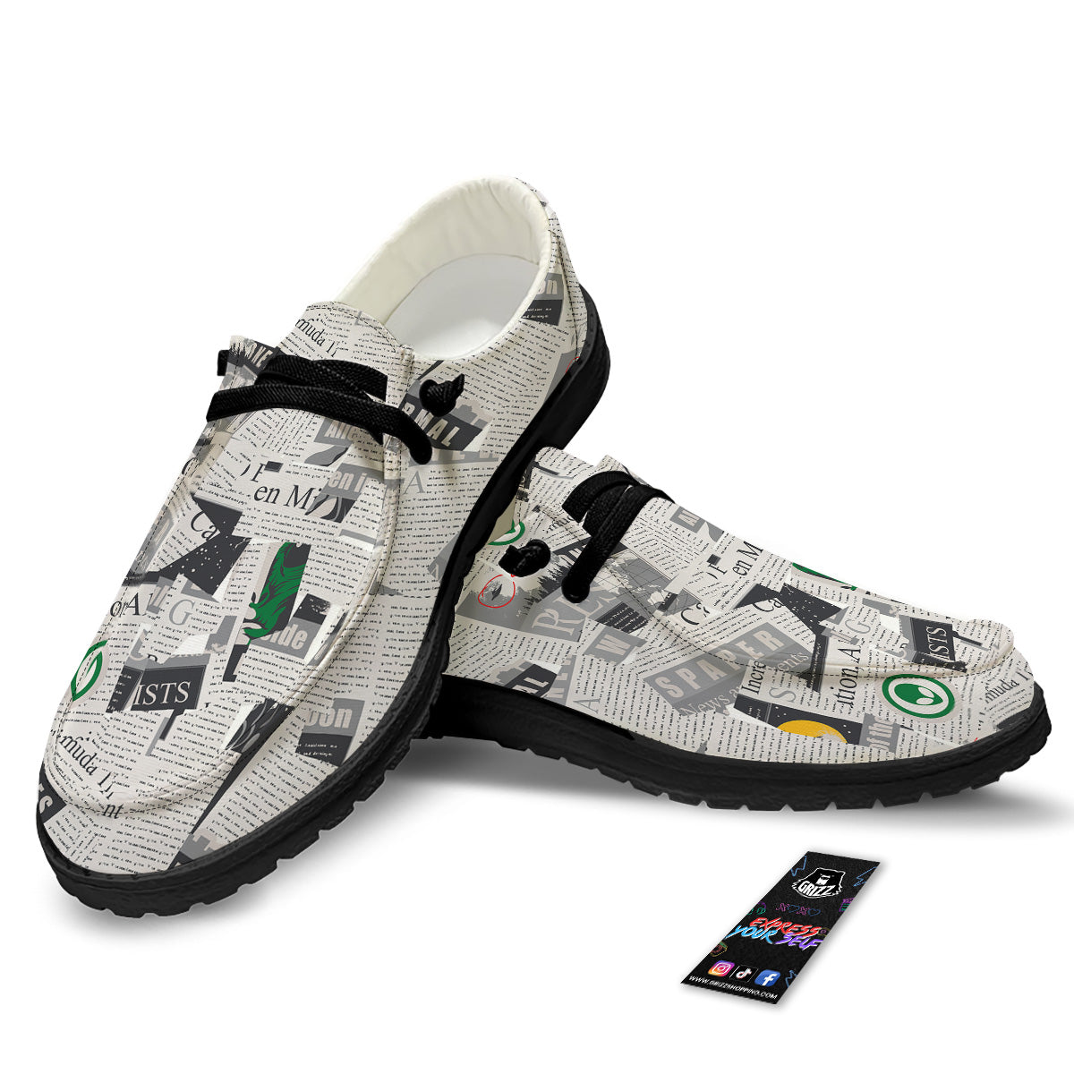 Newspaper Clippings On Aliens Topic Print Pattern Black Loafers-grizzshop