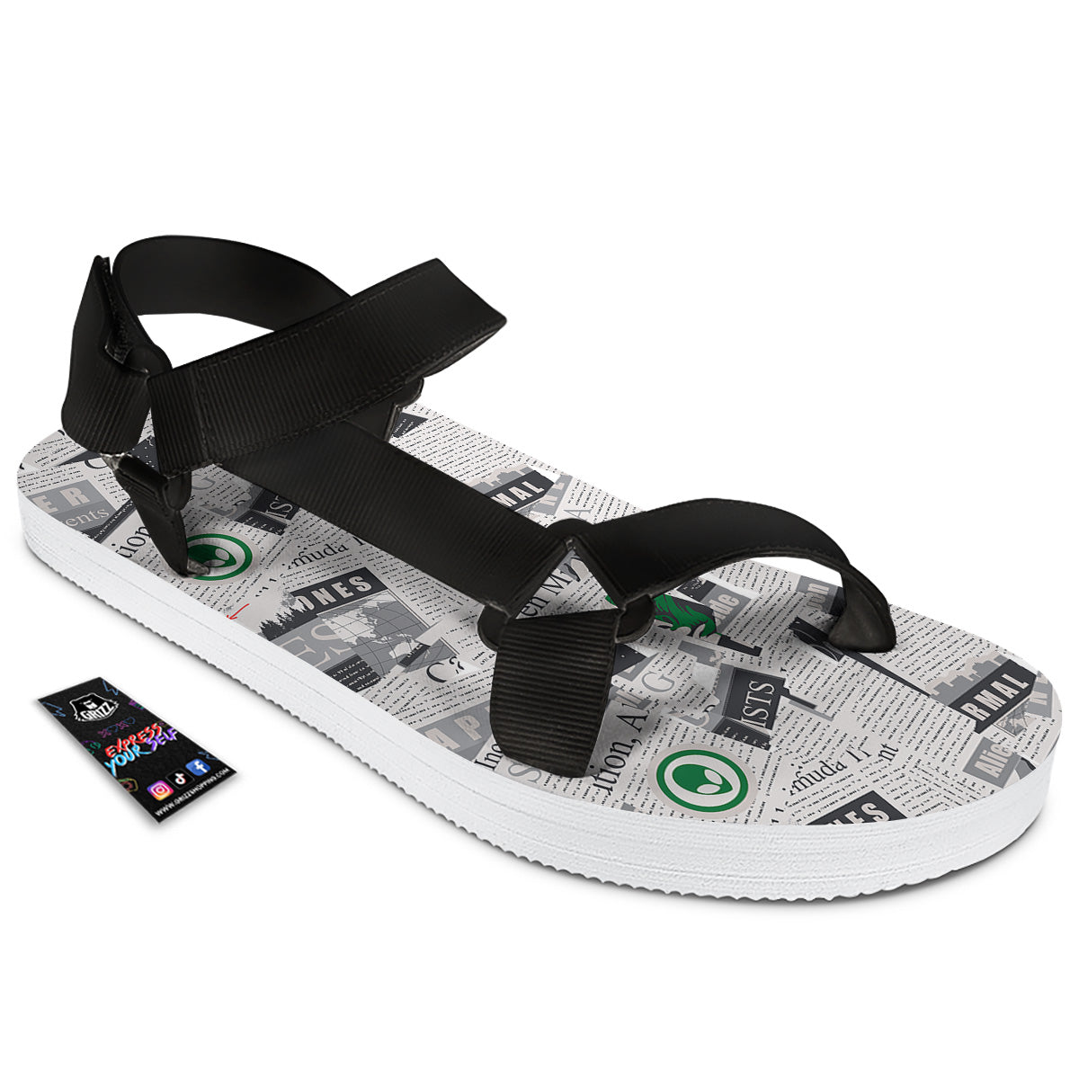 Newspaper Clippings On Aliens Topic Print Pattern Black Open Toe Sandals-grizzshop