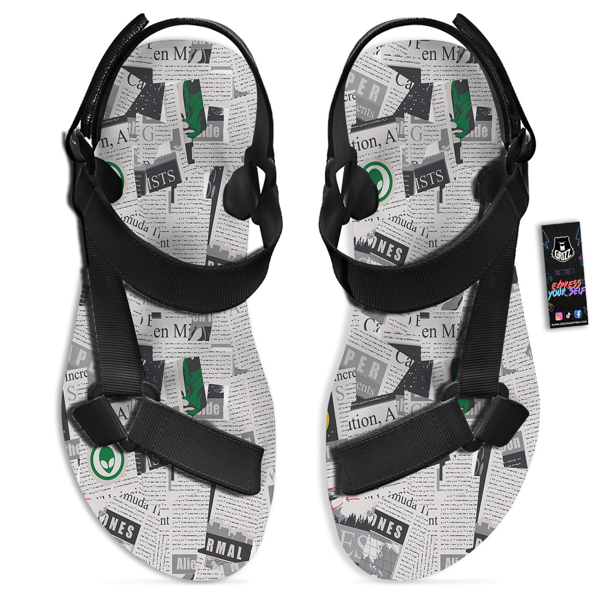 Newspaper Clippings On Aliens Topic Print Pattern Black Open Toe Sandals-grizzshop