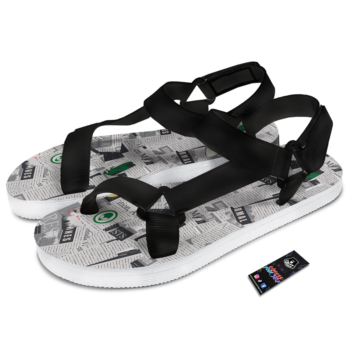 Newspaper Clippings On Aliens Topic Print Pattern Black Open Toe Sandals-grizzshop