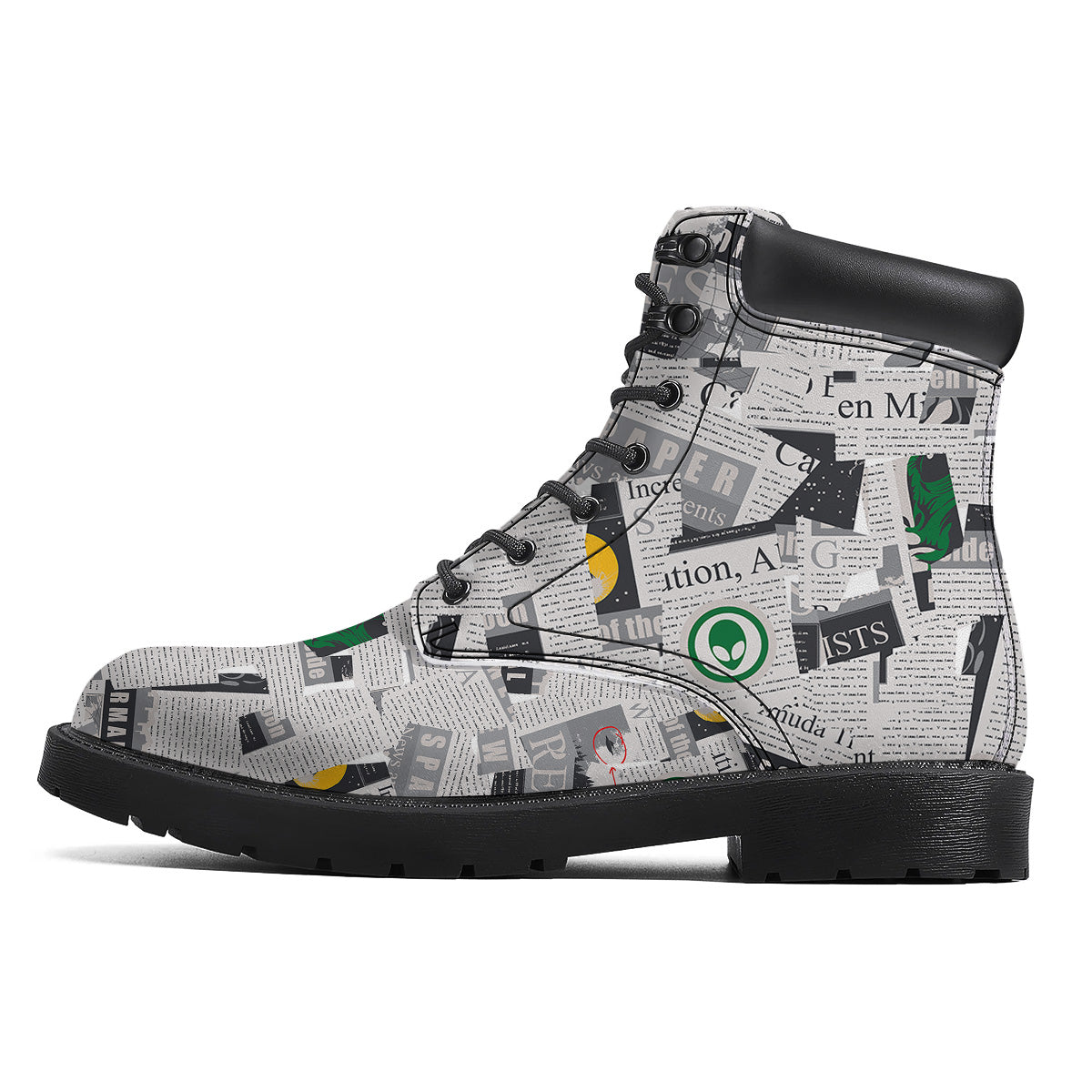 Newspaper Clippings On Aliens Topic Print Pattern Boots-grizzshop