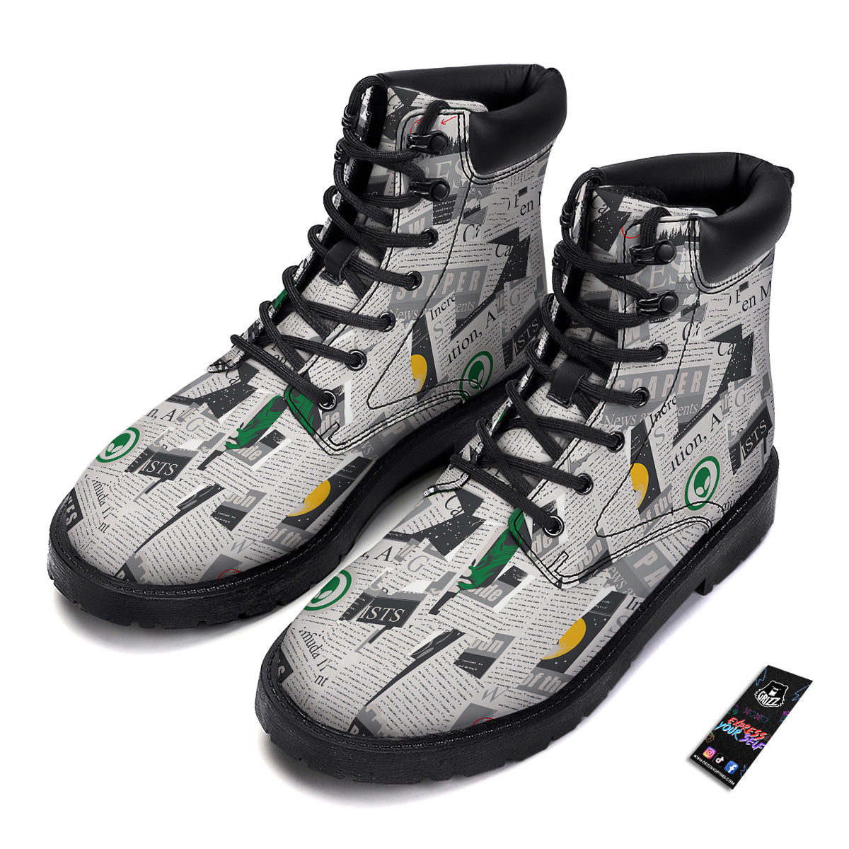 Newspaper Clippings On Aliens Topic Print Pattern Boots-grizzshop