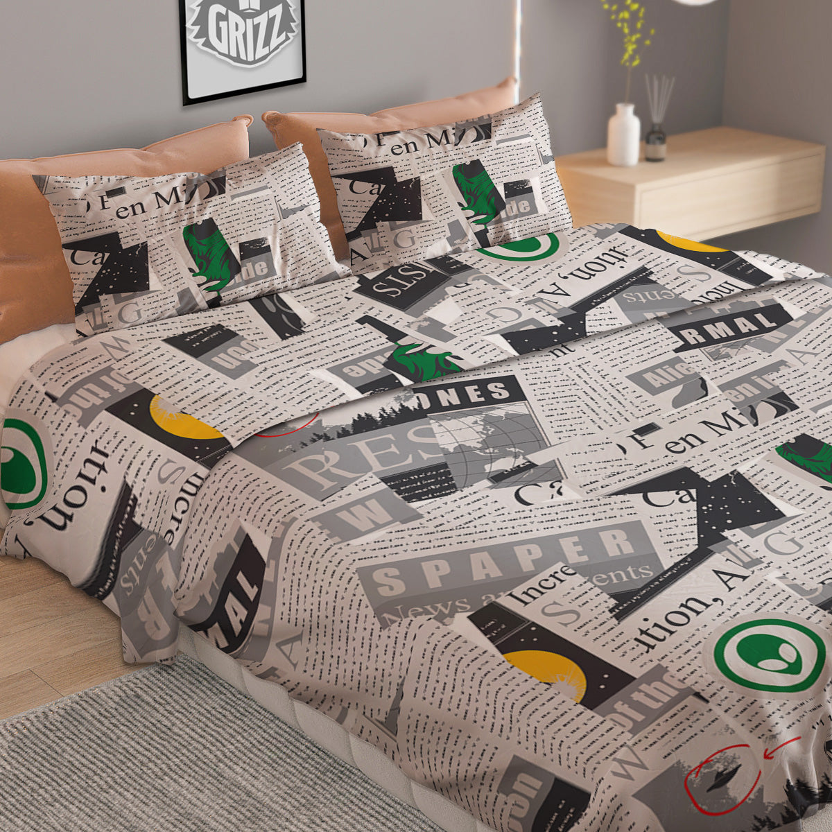 Newspaper Clippings On Aliens Topic Print Pattern Duvet Cover Bedding Set
