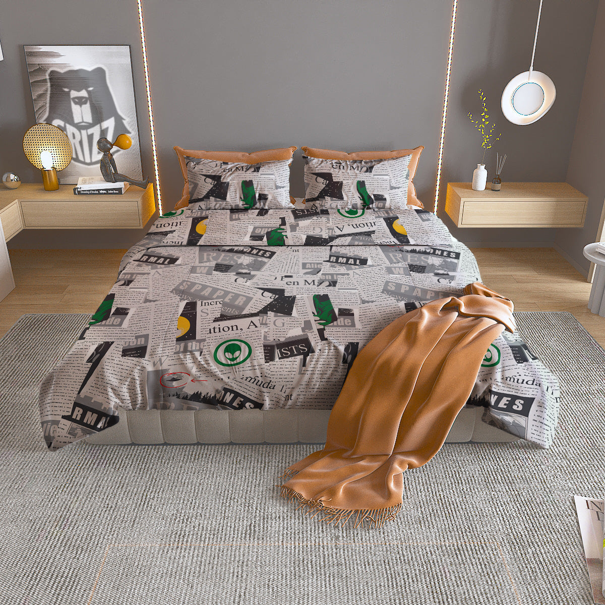 Newspaper Clippings On Aliens Topic Print Pattern Duvet Cover Bedding Set