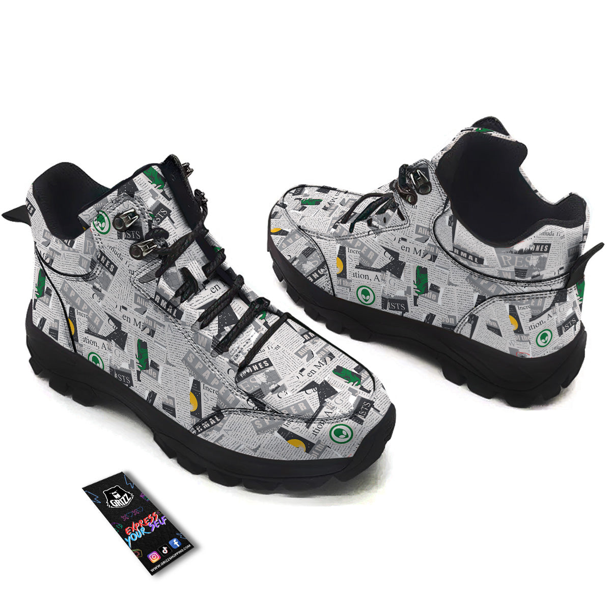 Newspaper Clippings On Aliens Topic Print Pattern Hiking Shoes-grizzshop