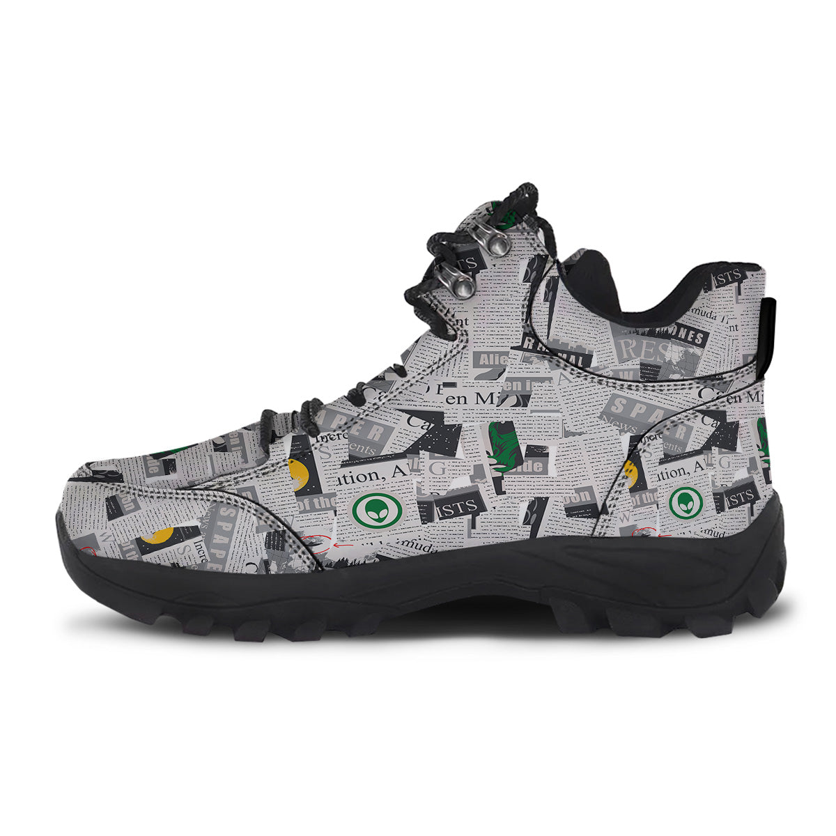 Newspaper Clippings On Aliens Topic Print Pattern Hiking Shoes-grizzshop