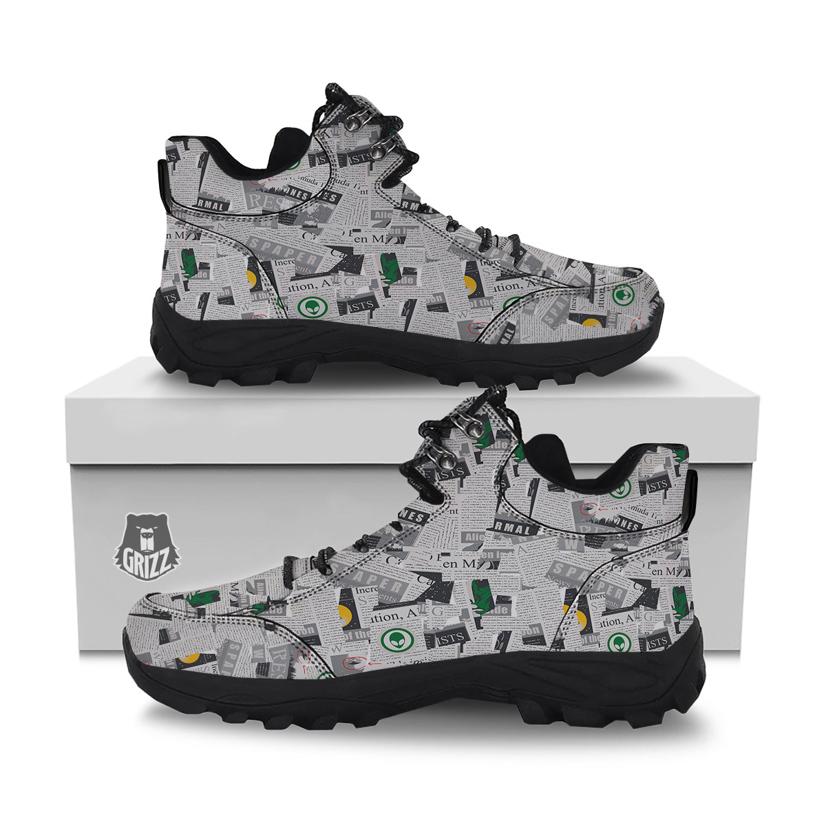 Newspaper Clippings On Aliens Topic Print Pattern Hiking Shoes-grizzshop